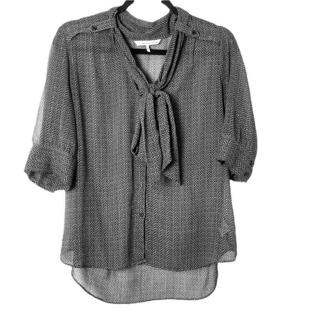 French Connection UK Black & Gray Print Tie Neck Blouse Size Large FCFK3321